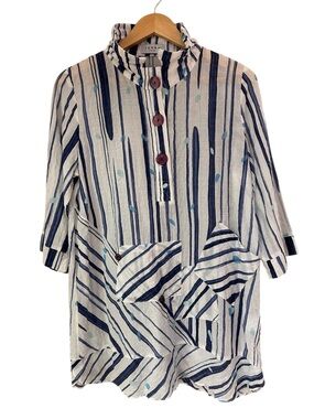 TERRA Blue & White Striped Lagenlook Tunic Top, Size Small
